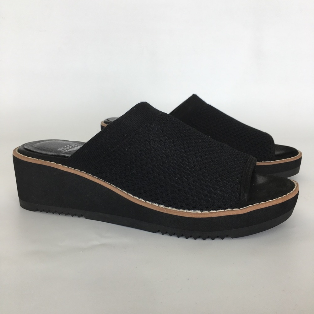 Eileen Fisher Telly Stretch Knit Slide Sandal Mule Wedge Black Women’s Size 5.5